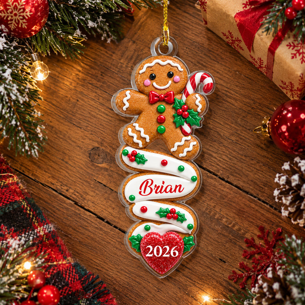 Custom Name &amp; Year, Cute Candy Cane Cookie Holiday Tree Decoration, Personalized Gingerbread Man Christmas Acrylic Ornament