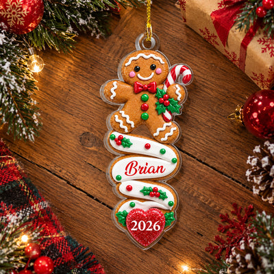 Custom Name & Year, Cute Candy Cane Cookie Holiday Tree Decoration, Personalized Gingerbread Man Christmas Acrylic Ornament