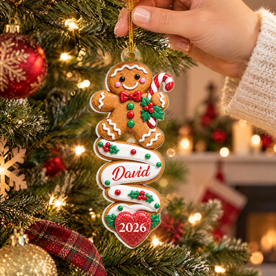 Custom Name & Year, Cute Candy Cane Cookie Holiday Tree Decoration, Personalized Gingerbread Man Christmas Acrylic Ornament