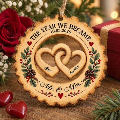 Couple Love The Year We Became Mr Mrs - Personalized Wooden Ornament, Gift For Couple, Engaged Couple, Married Couple Gift
