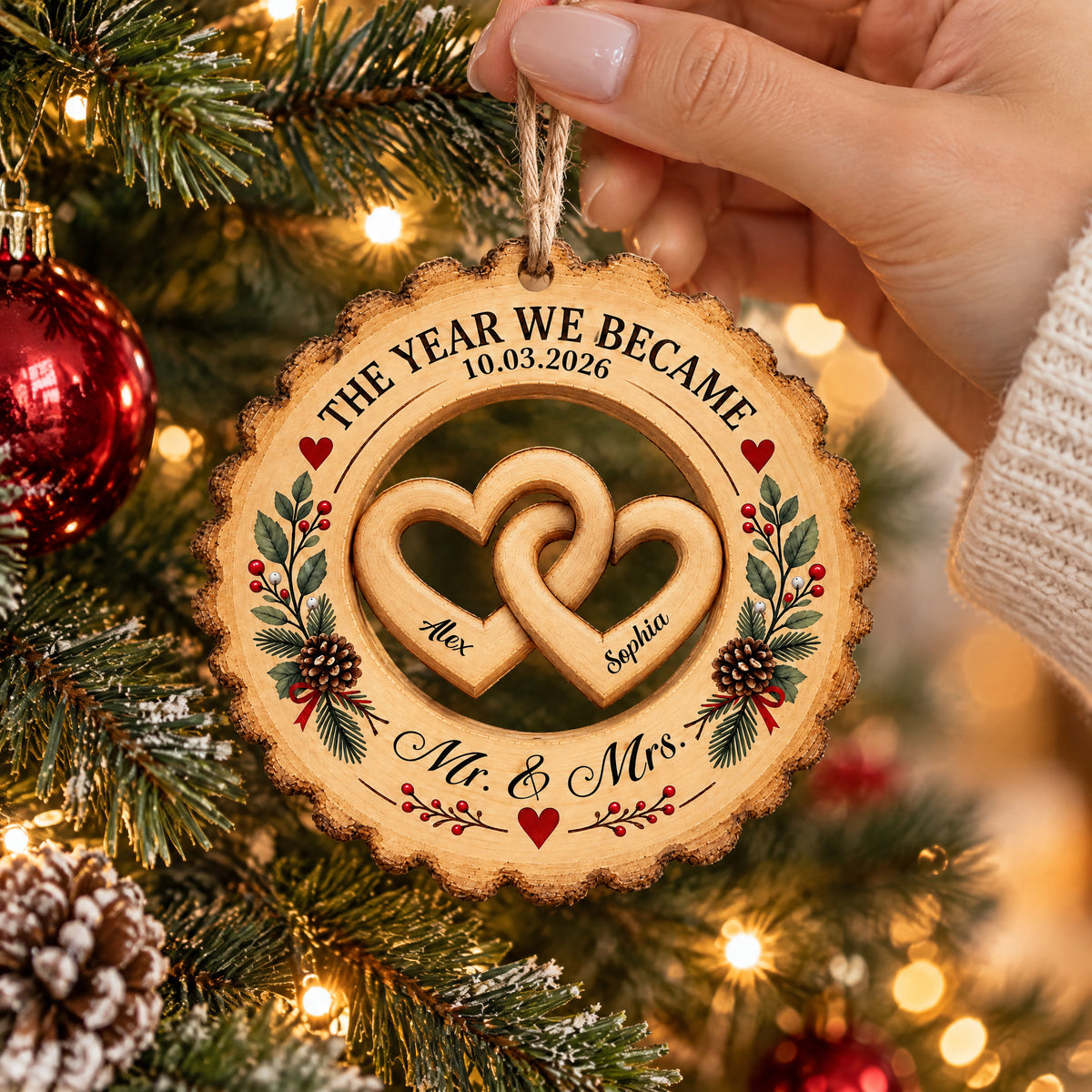 Couple Love The Year We Became Mr Mrs - Personalized Wooden Ornament, Gift For Couple, Engaged Couple, Married Couple Gift