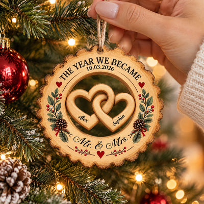 Couple Love The Year We Became Mr Mrs - Personalized Wooden Ornament, Gift For Couple, Engaged Couple, Married Couple Gift