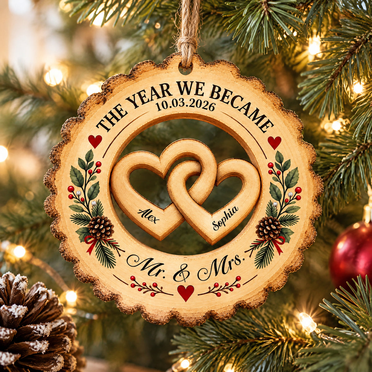 Couple Love The Year We Became Mr Mrs - Personalized Wooden Ornament, Gift For Couple, Engaged Couple, Married Couple Gift