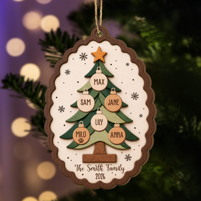 All Our Hearts Under One Tree - Personalized Wooden Ornament, Custom Family Names Christmas Tree Ornament
