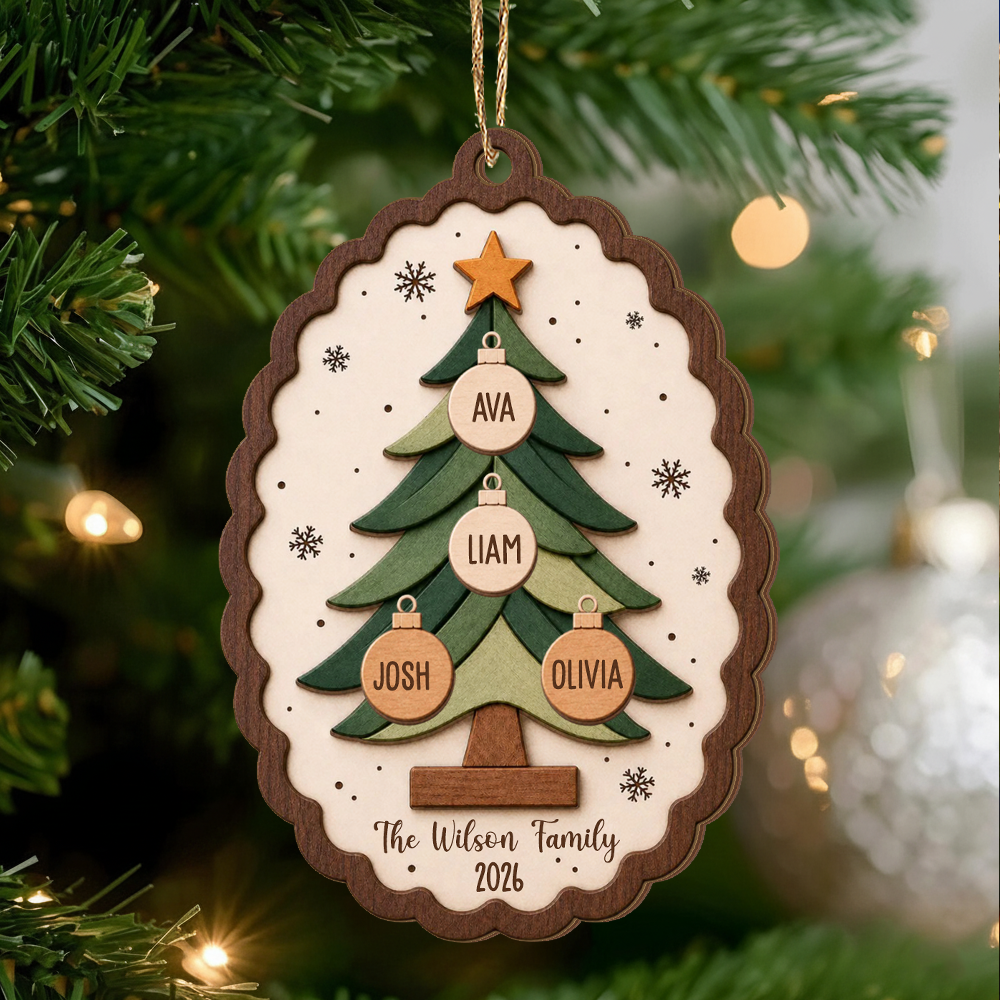 All Our Hearts Under One Tree - Personalized Wooden Ornament, Custom Family Names Christmas Tree Ornament