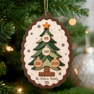 All Our Hearts Under One Tree - Personalized Wooden Ornament, Custom Family Names Christmas Tree Ornament