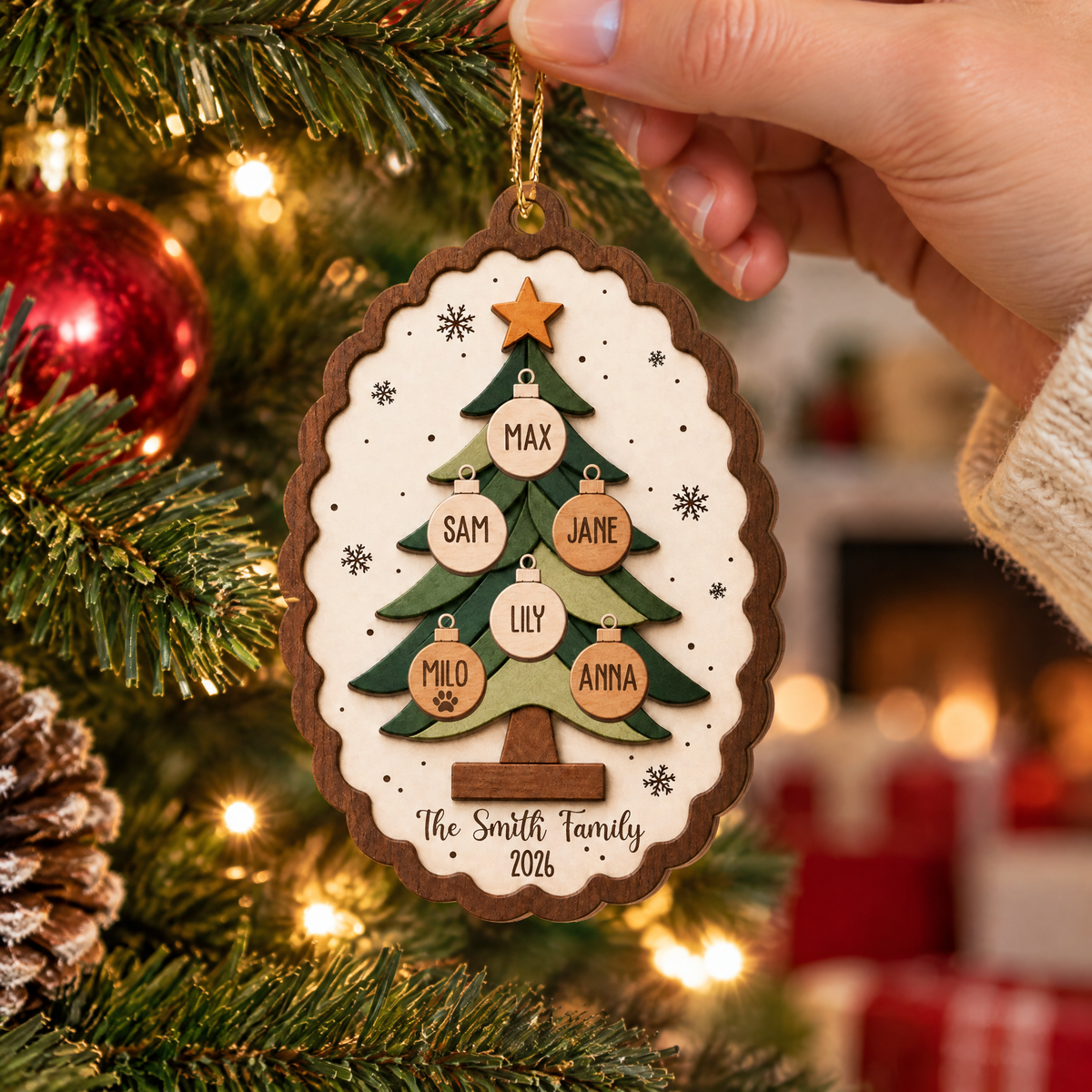 All Our Hearts Under One Tree - Personalized Wooden Ornament, Custom Family Names Christmas Tree Ornament