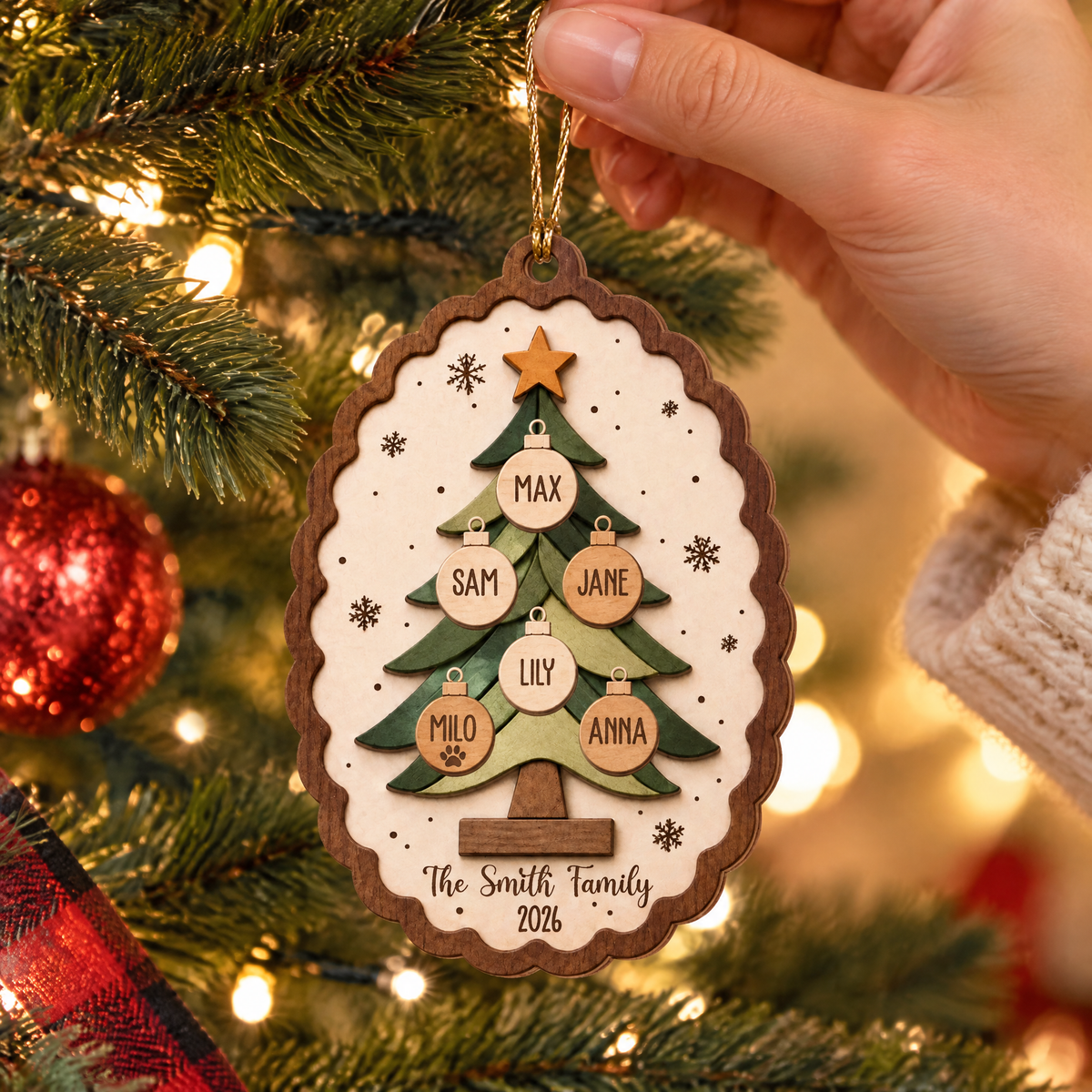 All Our Hearts Under One Tree - Personalized Wooden Ornament, Custom Family Names Christmas Tree Ornament