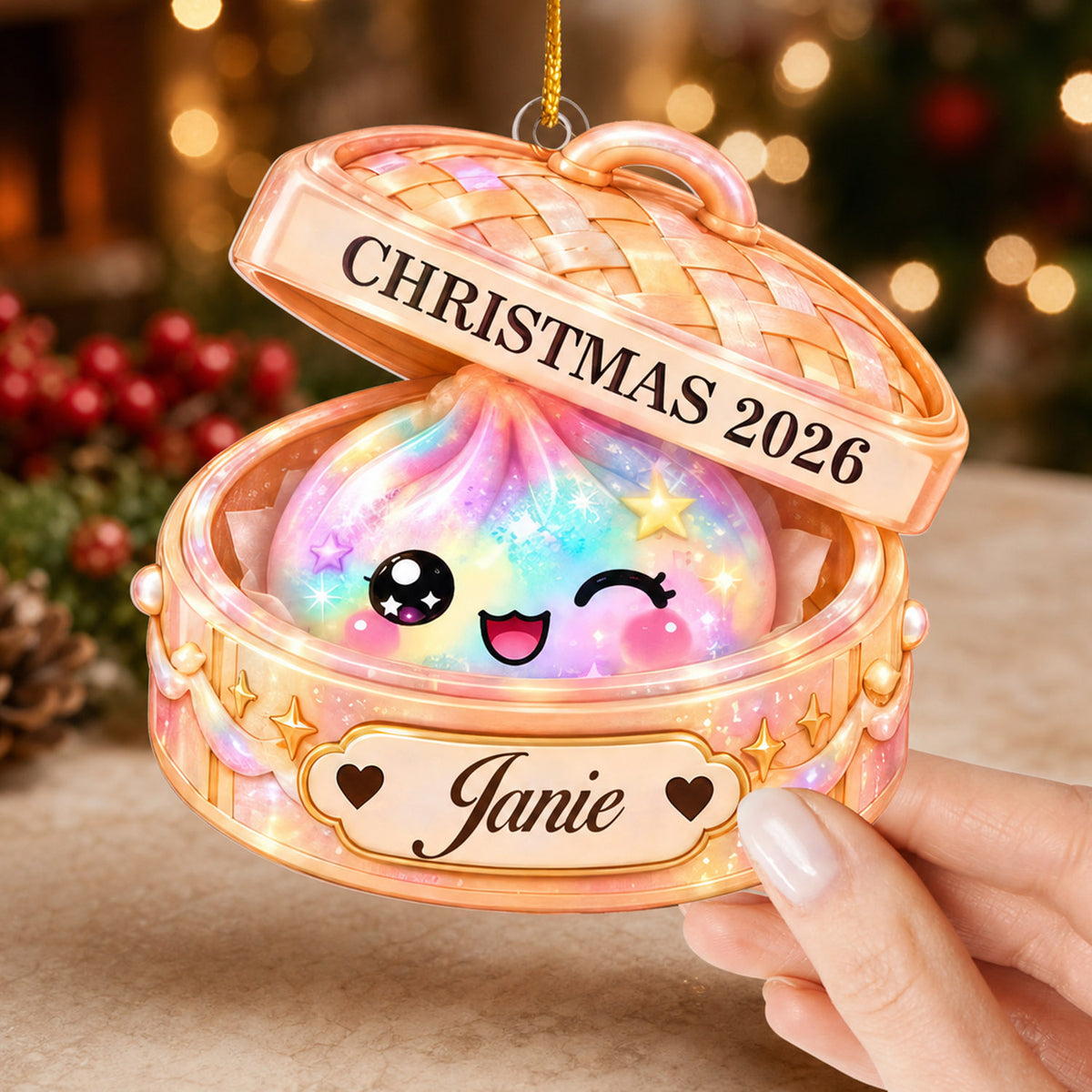 Glitter Squishy - Personalized Ornament, Custom Name Dumpling Christmas Ornament, Kawaii Acrylic Keepsake