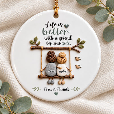 Personalized Ceramic Ornament Friendship Keepsake laid on cream linen beside eucalyptus leaves