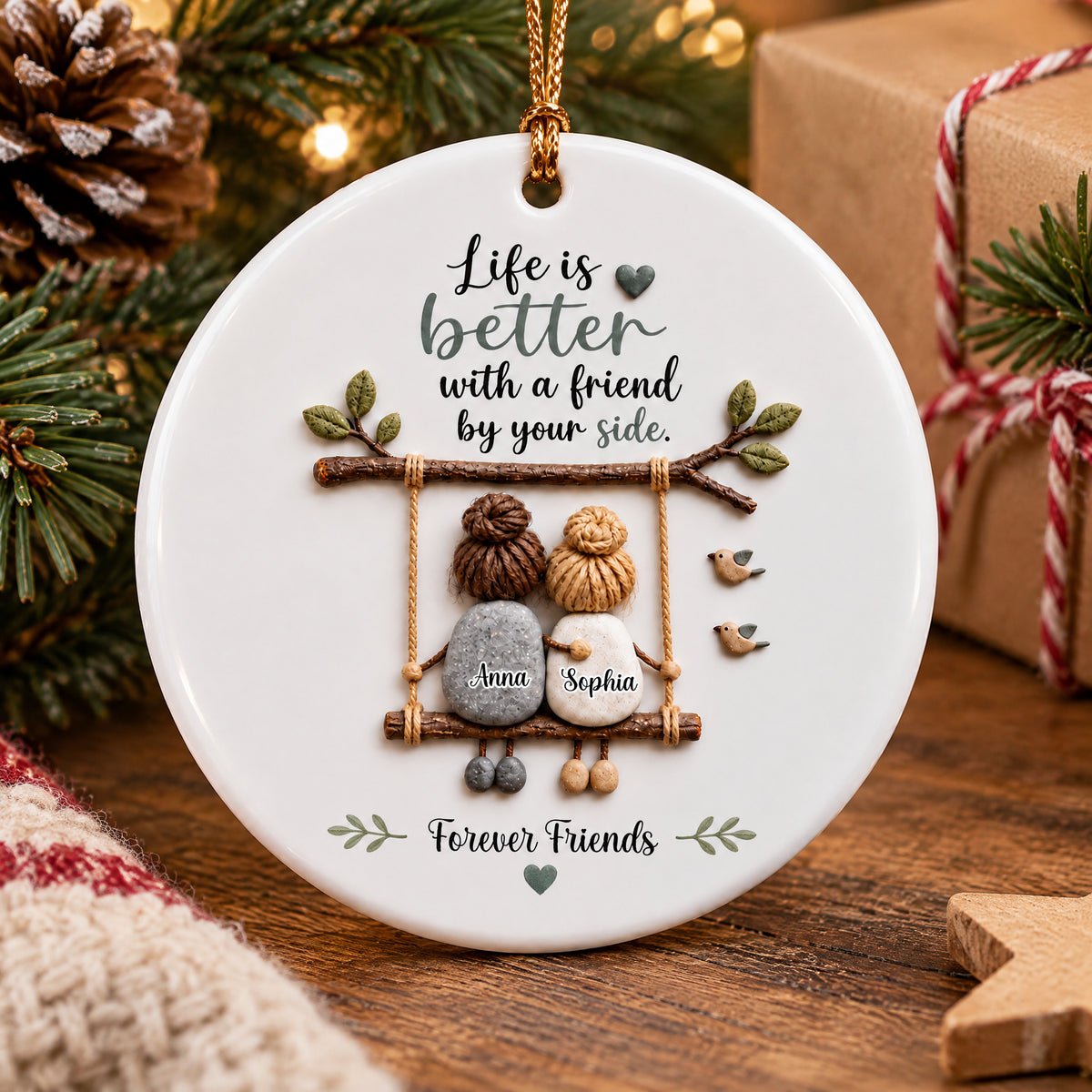 Personalized Ceramic Ornament Friendship Keepsake on a wooden table with pinecone, wrapped gift and wooden star
