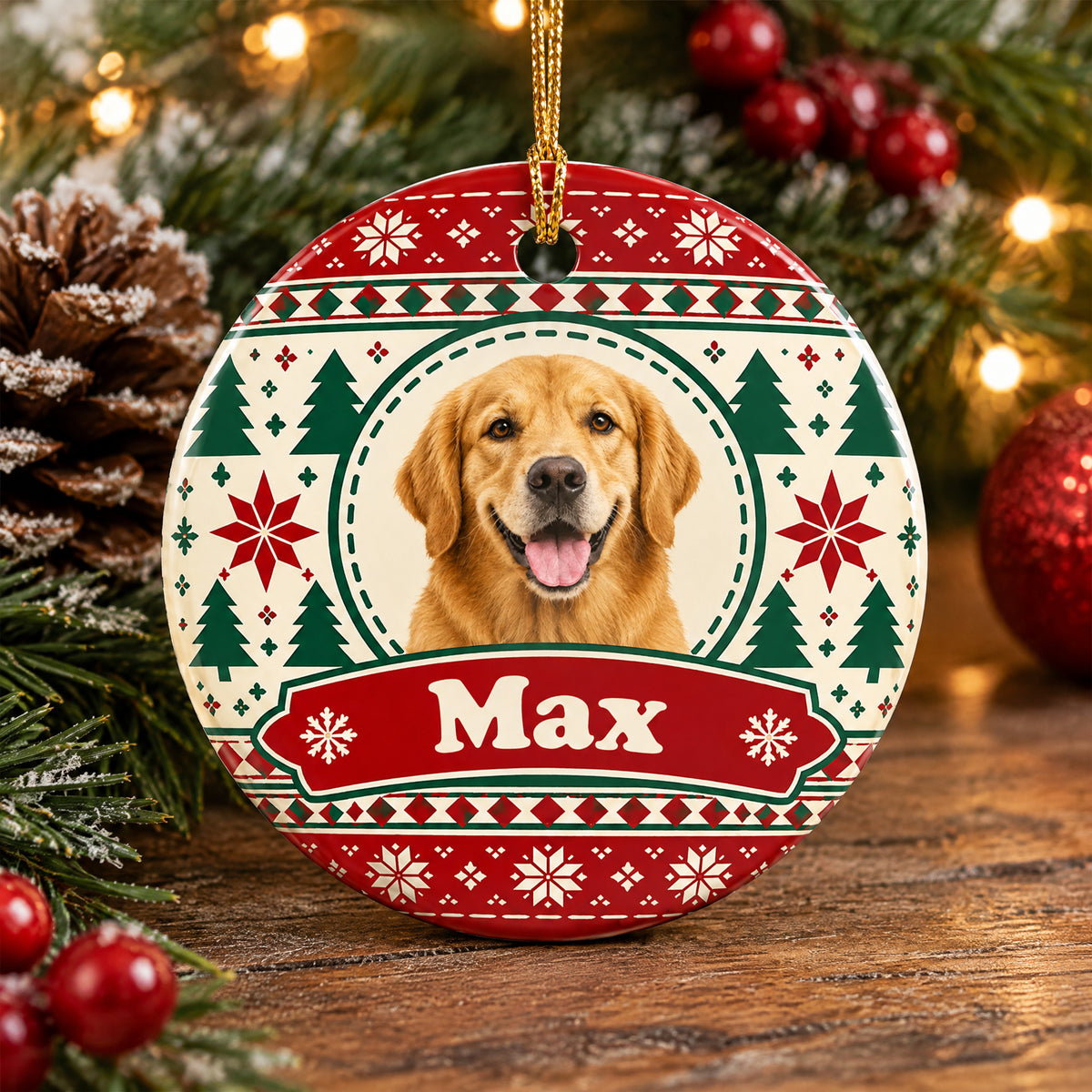 Personalized ceramic ornament custom photo name with golden dog and Max banner near pinecone and red baubles