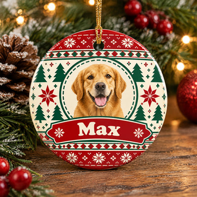 Personalized ceramic ornament custom photo name with golden dog and Max banner near pinecone and red baubles