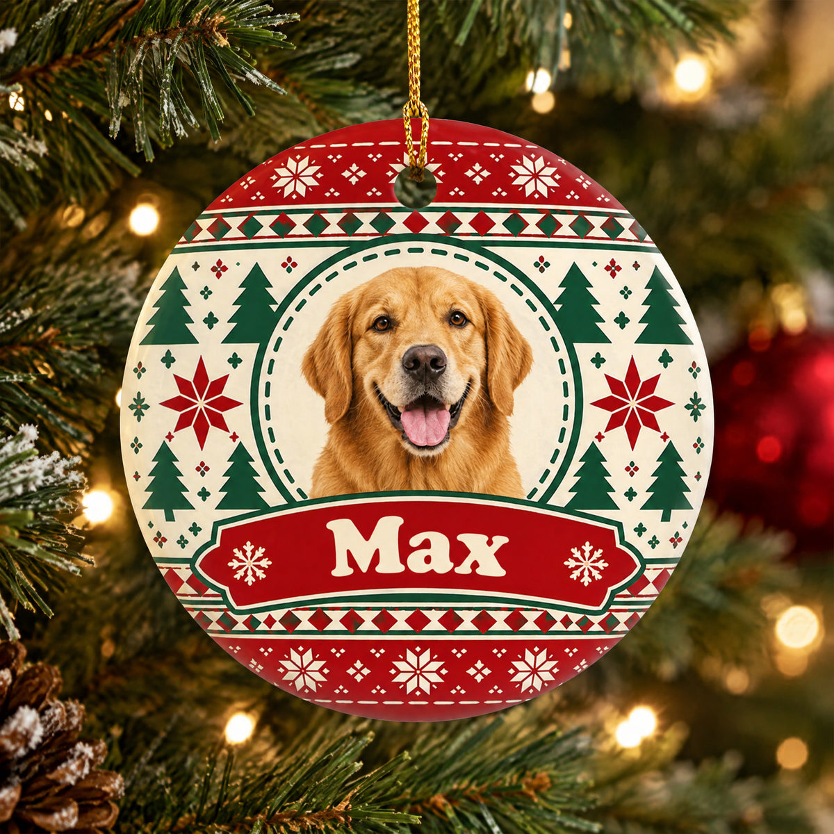 Personalized ceramic ornament custom photo name hanging on a lit Christmas tree with snowy branches