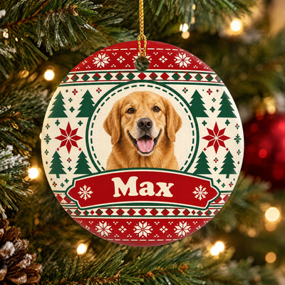 Personalized ceramic ornament custom photo name hanging on a lit Christmas tree with snowy branches