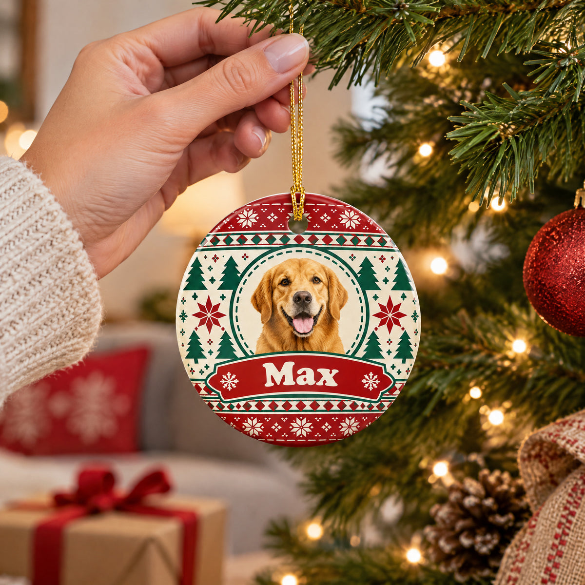 Personalized ceramic ornament custom photo name held by a hand by a tree, gift box and pillow behind