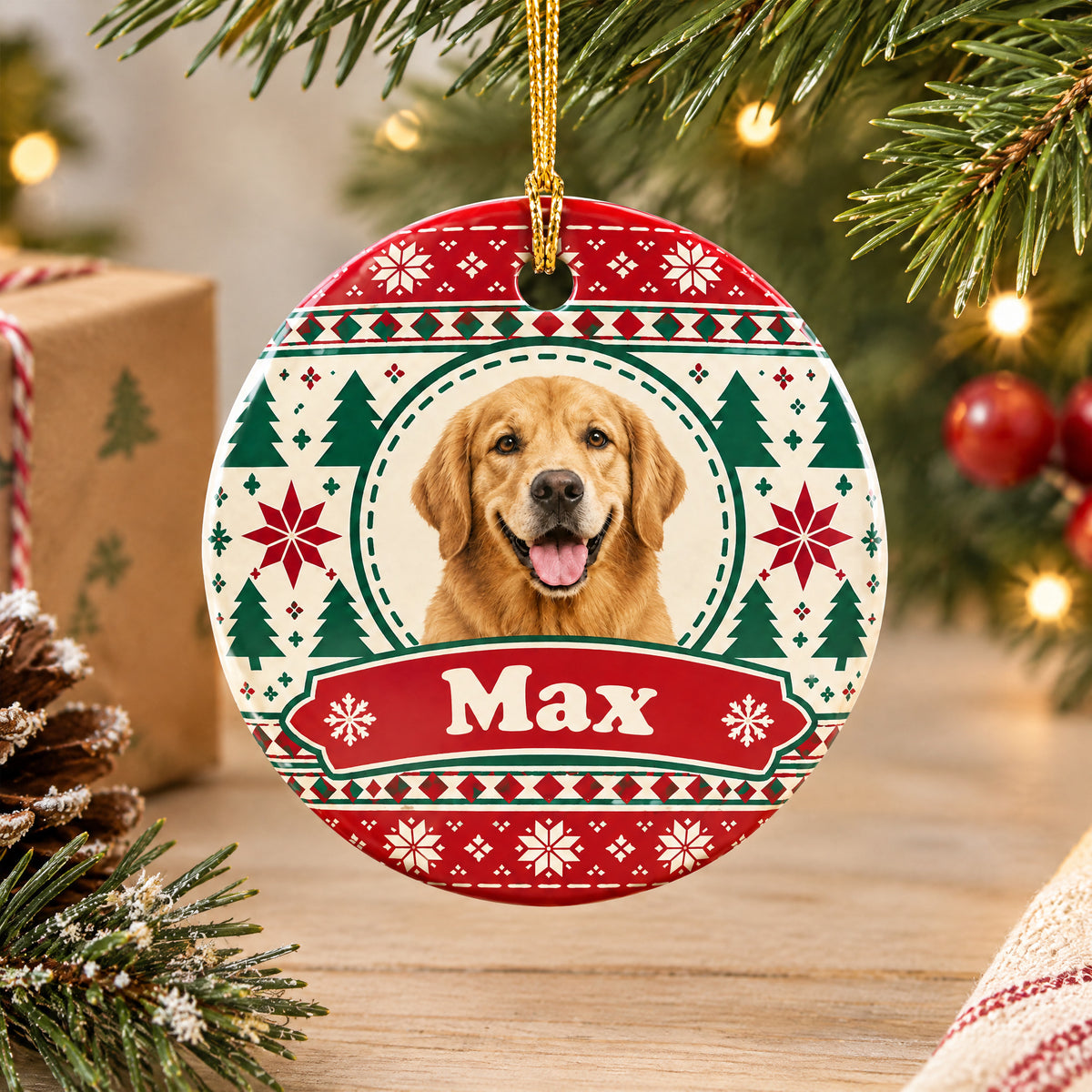 Personalized ceramic ornament custom photo name hanging in front of a wrapped gift and tree on a wooden surface