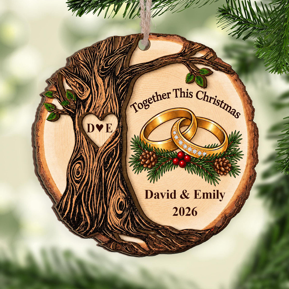 Personalized wooden ornament Together This Christmas hanging on a branch with a soft blurred green background