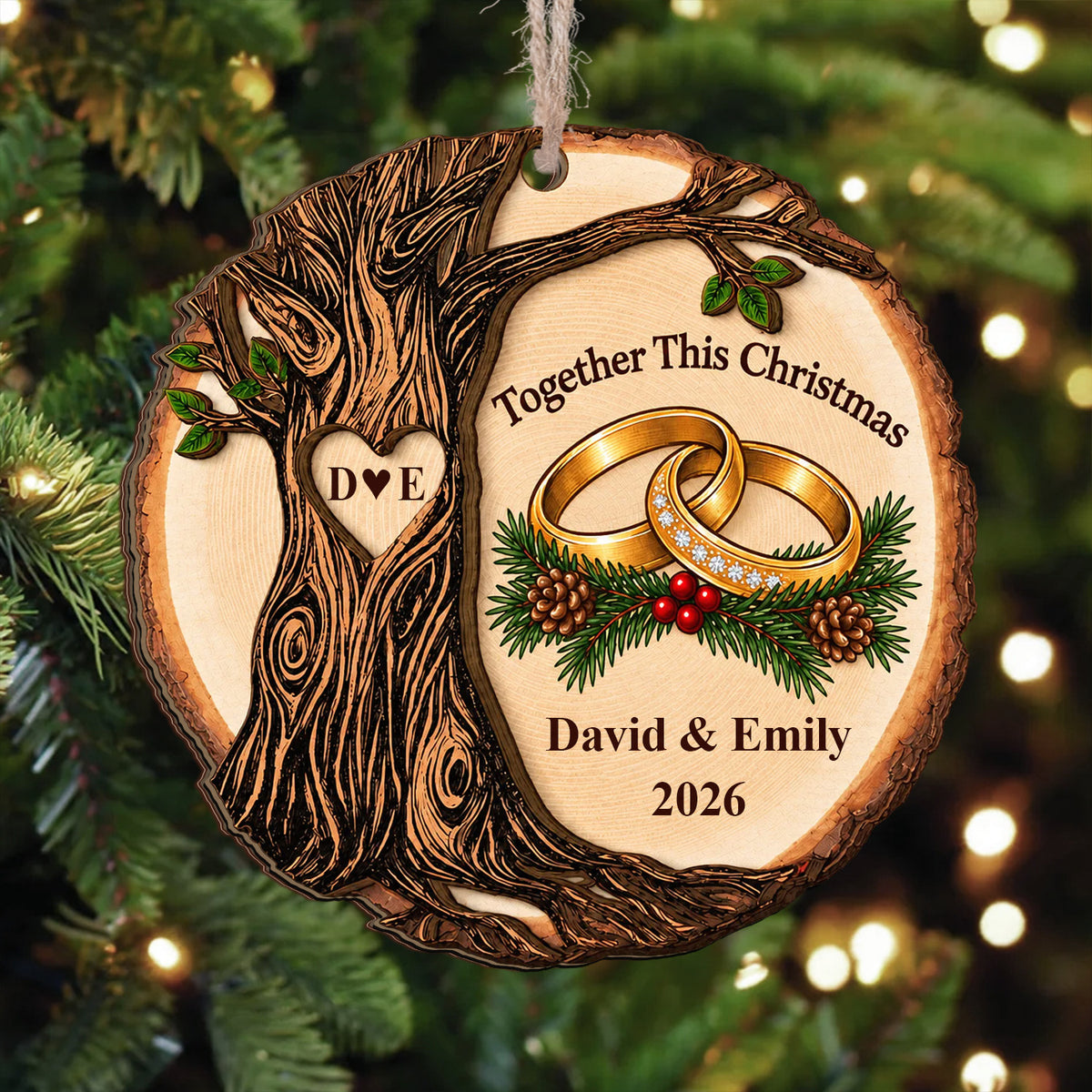 Personalized wooden ornament Together This Christmas on a lit tree with warm bokeh lights behind it