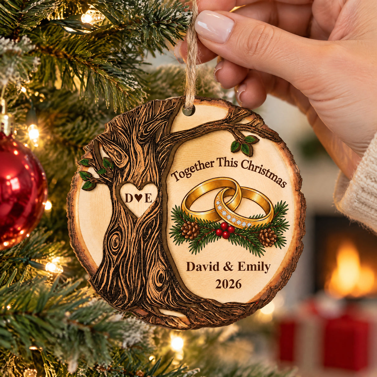 Personalized wooden ornament Together This Christmas held by a hand near a red bauble and a fireplace