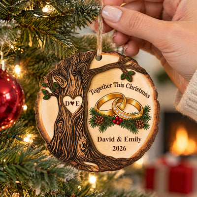 Personalized wooden ornament Together This Christmas held by a hand near a red bauble and a fireplace