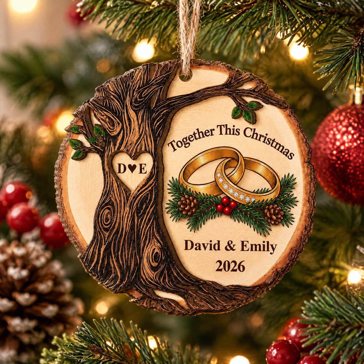 Personalized wooden ornament Together This Christmas close up among pine needles, red baubles and a pinecone