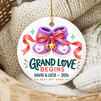 Grand Love Begins Baby Announcement Ornament, Custom Names and Year, Gift for Grandma and Grandpa, Personalized Grandparents Christmas Ceramic Ornament