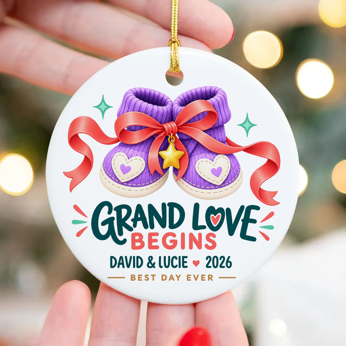 Grand Love Begins Baby Announcement Ornament, Custom Names and Year, Gift for Grandma and Grandpa, Personalized Grandparents Christmas Ceramic Ornament