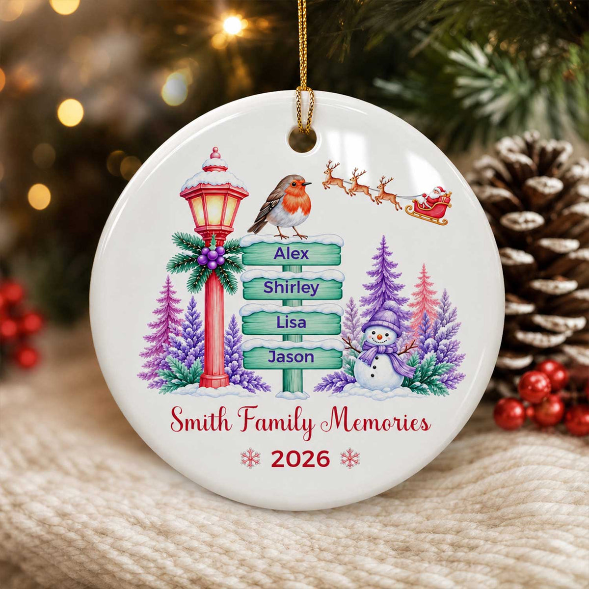 Family Signpost Christmas - Personalized Ceramic Ornament, Christmas Family Keepsake