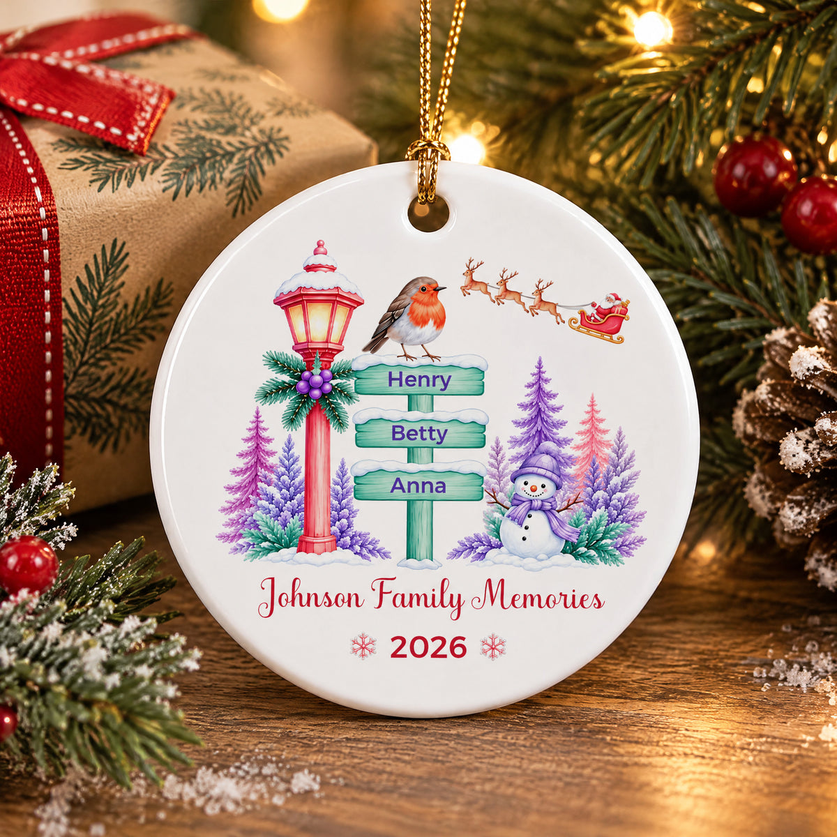 Family Signpost Christmas - Personalized Ceramic Ornament, Christmas Family Keepsake