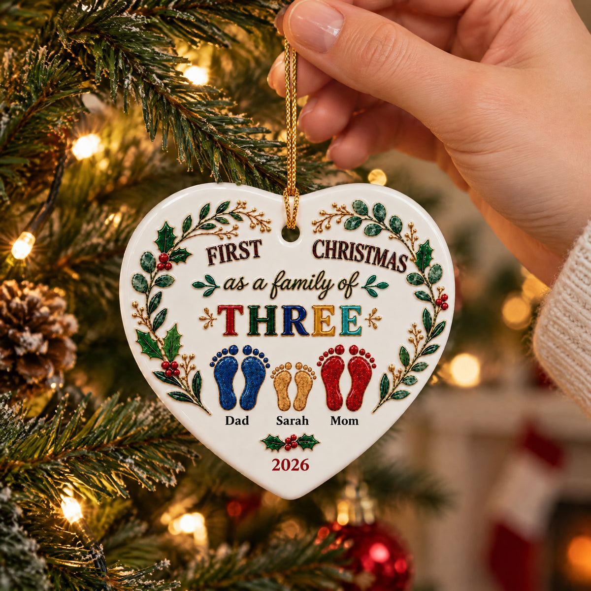 Our First Christmas- Personalized Ceramic Ornament, Family Heart Ornament, Christmas Home Decor