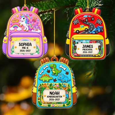 Personalized custom name backpack ornament, three designs hanging on a pine branch: unicorn, race cars and dinosaurs