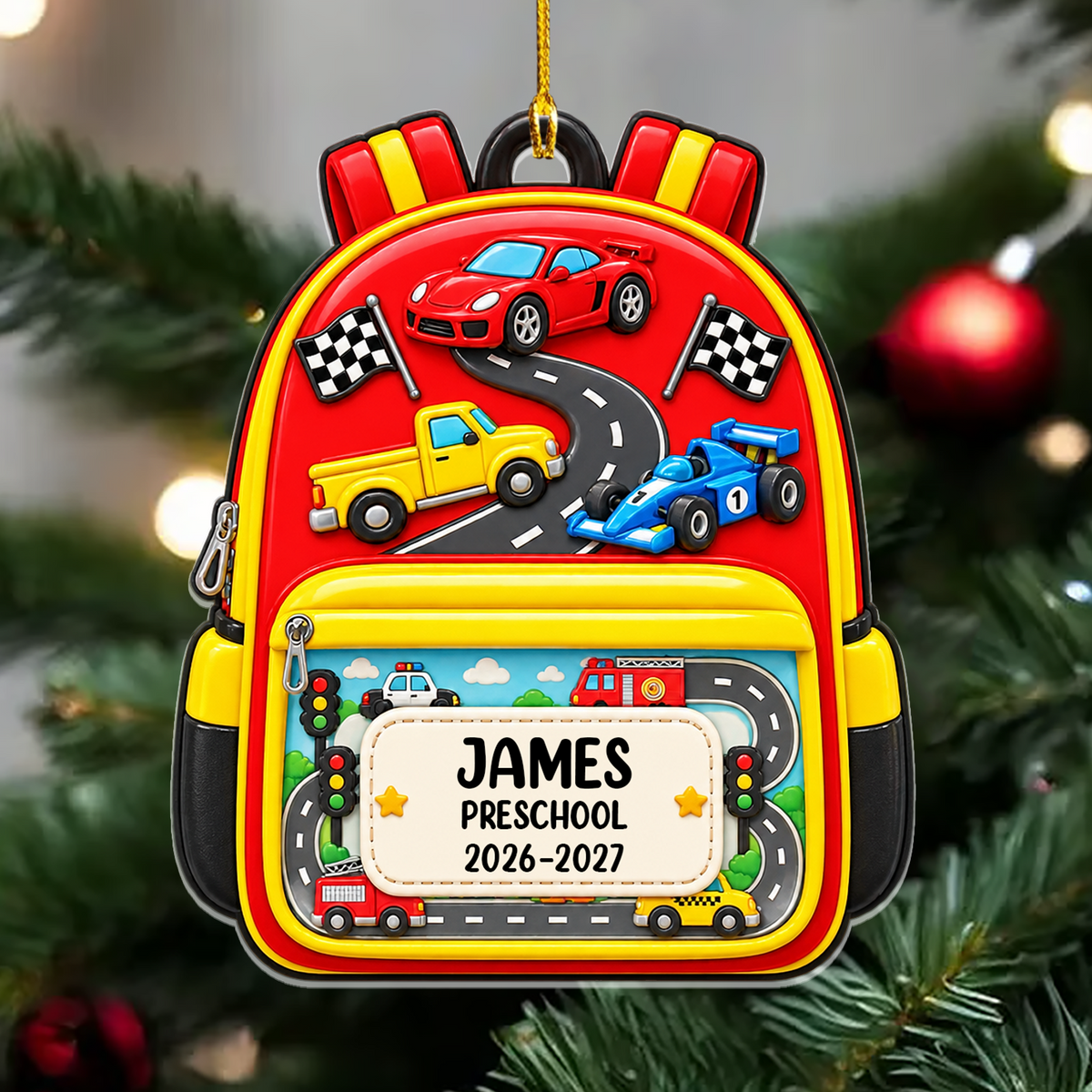 Personalized custom name backpack ornament, red race car design reading James Preschool, close view on a tree