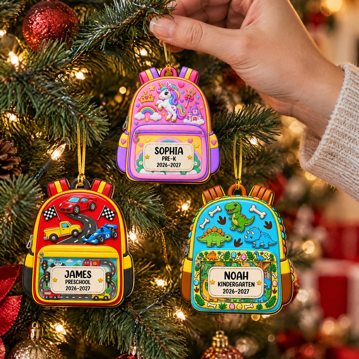 Personalized custom name backpack ornament, hand holding the three designs on a lit Christmas tree