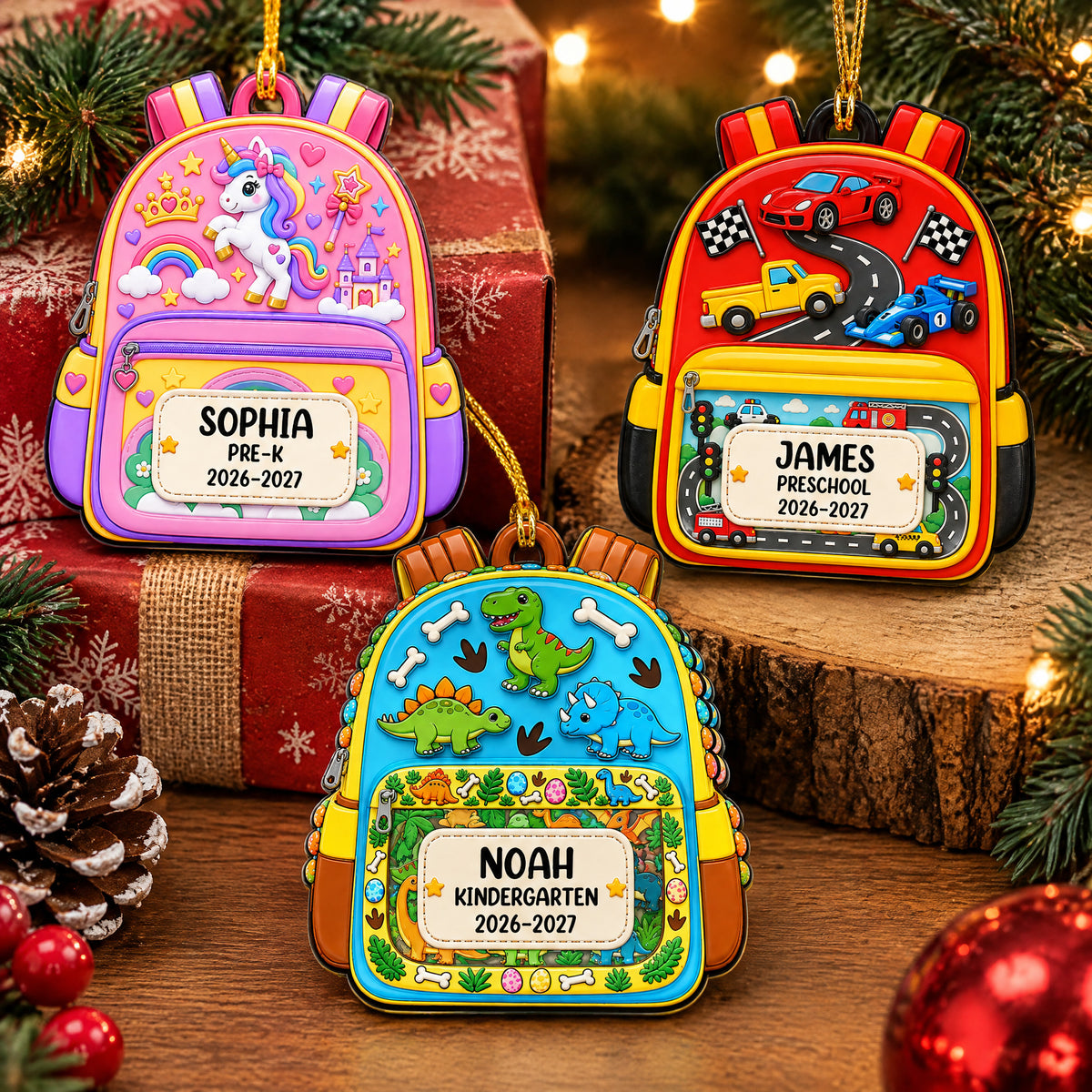 Personalized custom name backpack ornament, three designs on a wood table by wrapped gifts and pinecones