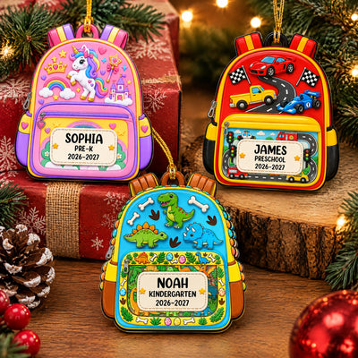 Personalized custom name backpack ornament, three designs on a wood table by wrapped gifts and pinecones