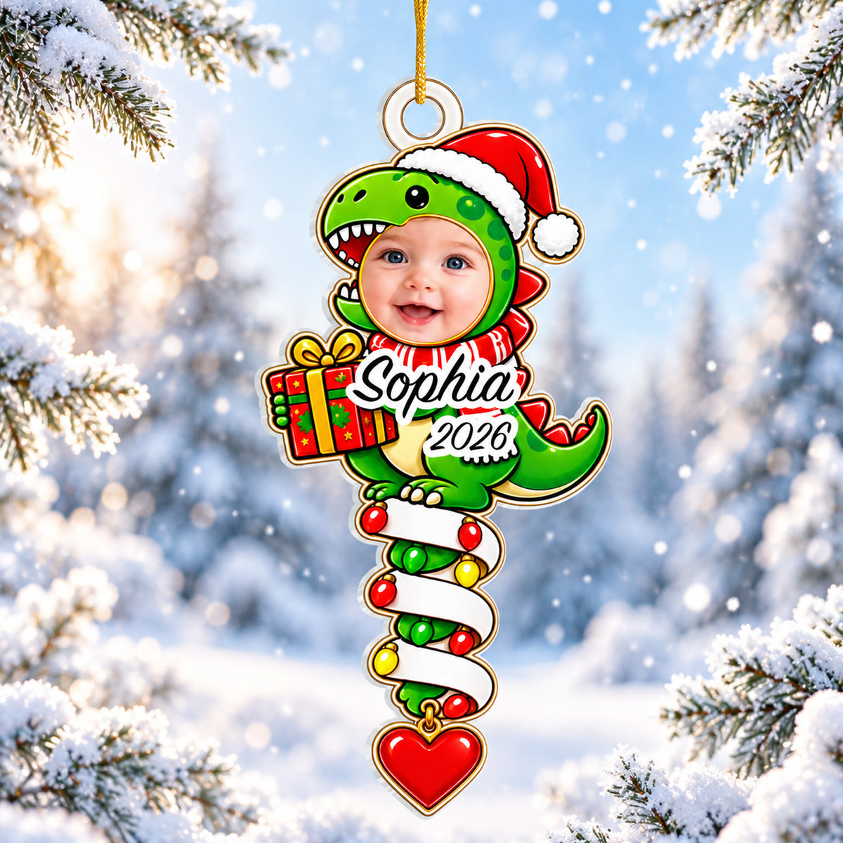 Cute T-Rex Holiday Tree Decoration, Custom Kids Christmas Gift, Personalized Dinosaur Christmas Acrylic Ornament with Photo