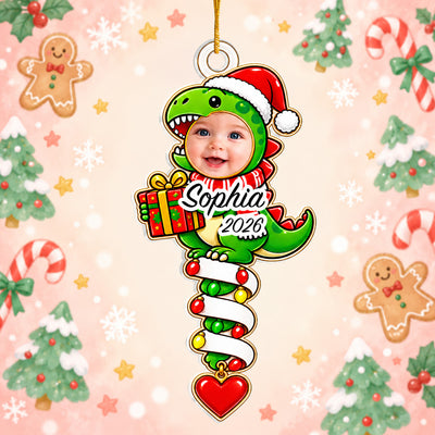 Cute T-Rex Holiday Tree Decoration, Custom Kids Christmas Gift, Personalized Dinosaur Christmas Acrylic Ornament with Photo