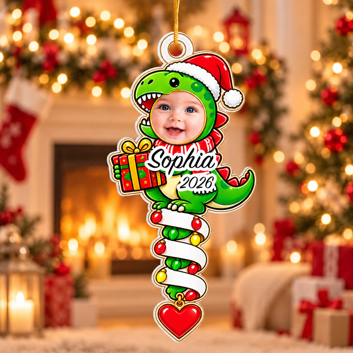 Cute T-Rex Holiday Tree Decoration, Custom Kids Christmas Gift, Personalized Dinosaur Christmas Acrylic Ornament with Photo