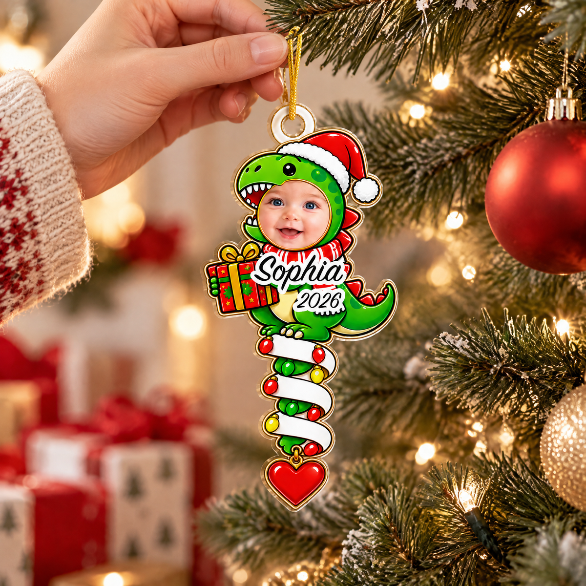 Cute T-Rex Holiday Tree Decoration, Custom Kids Christmas Gift, Personalized Dinosaur Christmas Acrylic Ornament with Photo