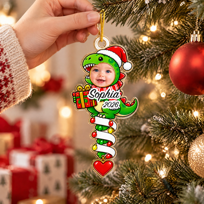 Cute T-Rex Holiday Tree Decoration, Custom Kids Christmas Gift, Personalized Dinosaur Christmas Acrylic Ornament with Photo