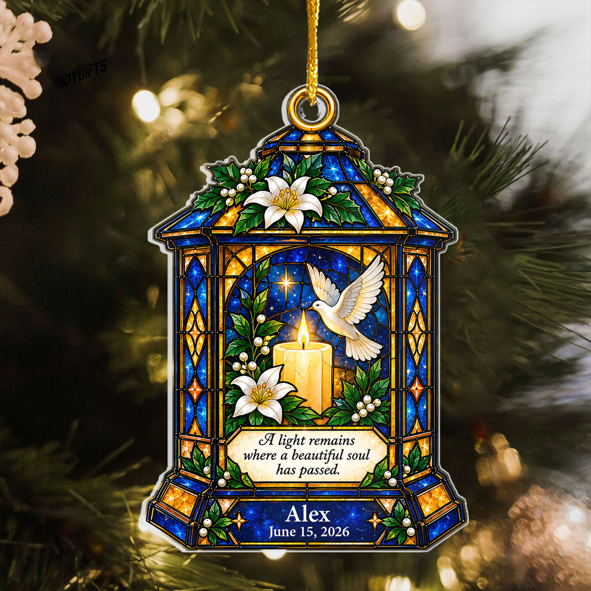 Stained Glass Style Lantern with Dove &amp; Candle, Custom Name and Date, Sympathy Gift , Personalized Memorial Christmas Acrylic Ornament