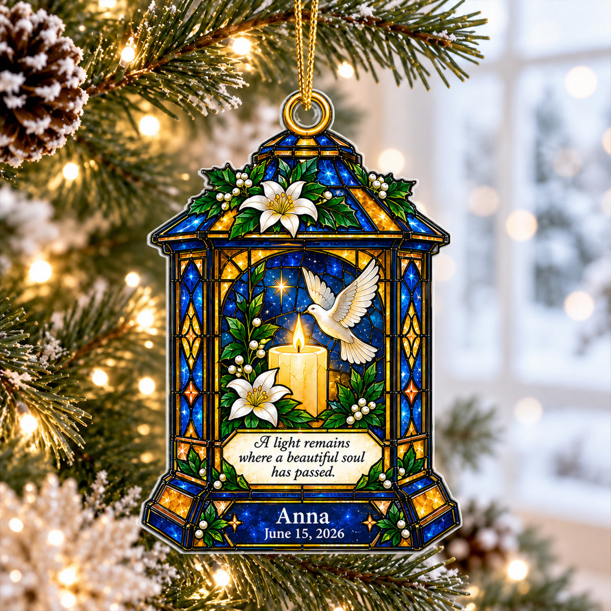 Stained Glass Style Lantern with Dove &amp; Candle, Custom Name and Date, Sympathy Gift , Personalized Memorial Christmas Acrylic Ornament