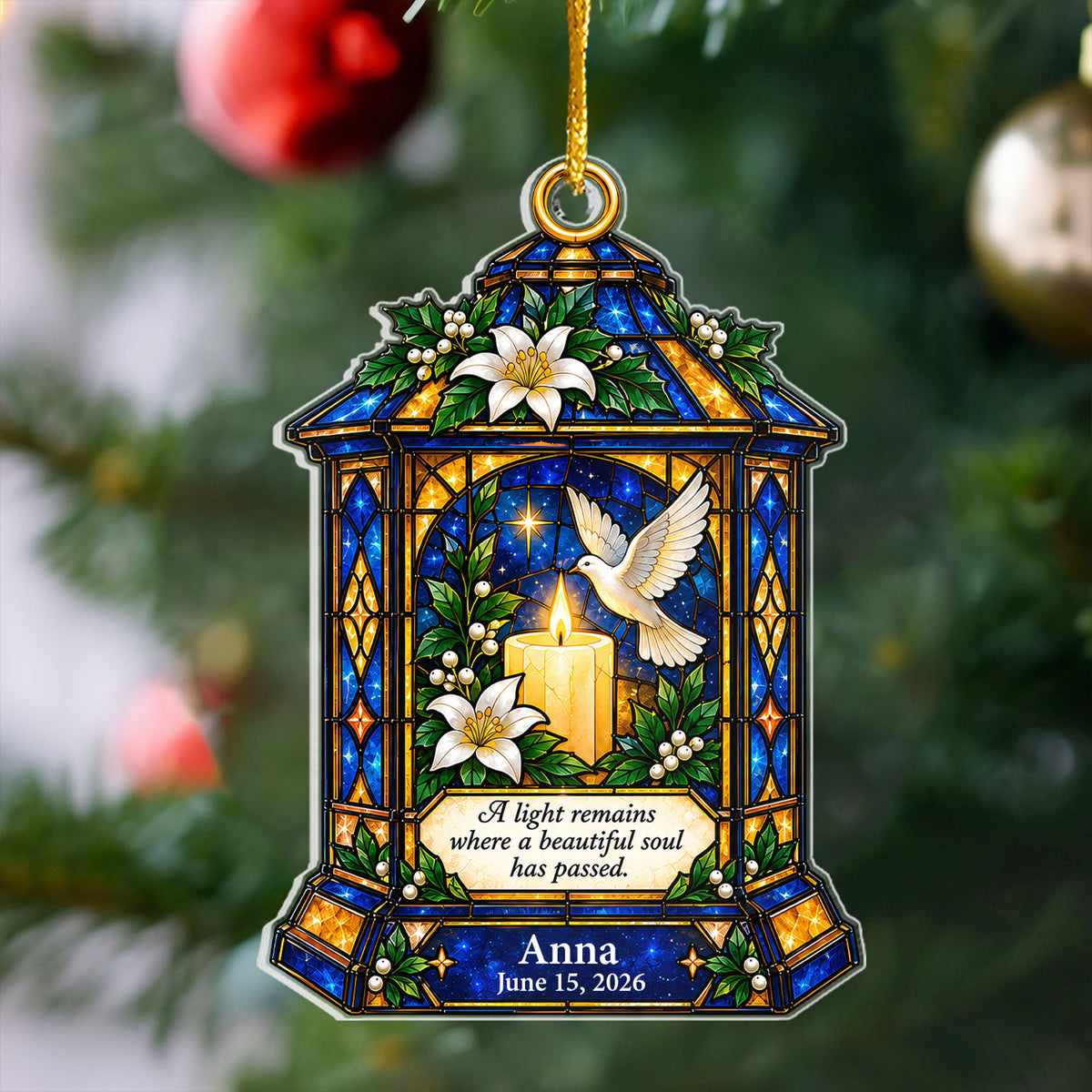 Stained Glass Style Lantern with Dove &amp; Candle, Custom Name and Date, Sympathy Gift , Personalized Memorial Christmas Acrylic Ornament