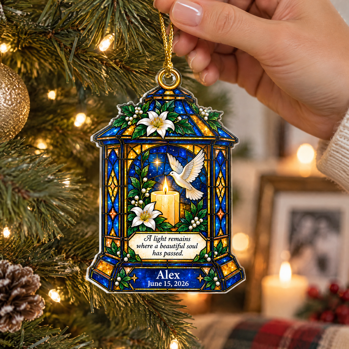 Stained Glass Style Lantern with Dove &amp; Candle, Custom Name and Date, Sympathy Gift , Personalized Memorial Christmas Acrylic Ornament