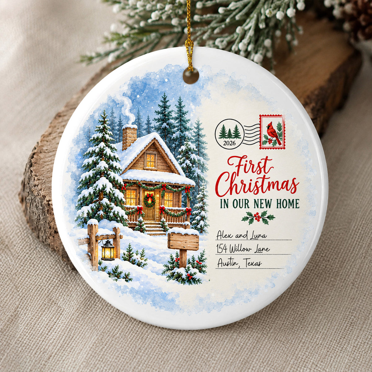 Watercolor Winter Cabin- Personalized Rectangle Ceramic Ornament, Christmas Gift
