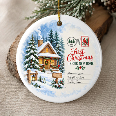 Watercolor Winter Cabin- Personalized Rectangle Ceramic Ornament, Christmas Gift