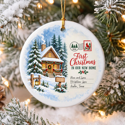 Watercolor Winter Cabin- Personalized Rectangle Ceramic Ornament, Christmas Gift