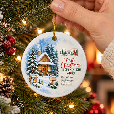 Watercolor Winter Cabin- Personalized Rectangle Ceramic Ornament, Christmas Gift