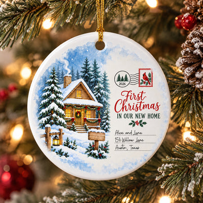 Watercolor Winter Cabin- Personalized Rectangle Ceramic Ornament, Christmas Gift